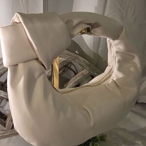 Melie Bianco Cream Vegan Leather Crescent Hobo Bag Knotted Handle Slouchy Should
